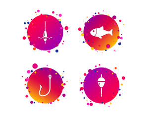 Fishing icons. Fish with fishermen hook sign. Float bobber symbol. Gradient circle buttons with icons. Random dots design. Vector