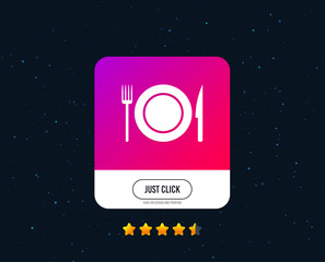 Food sign icon. Cutlery symbol. Knife and fork, dish. Web or internet icon design. Rating stars. Just click button. Vector