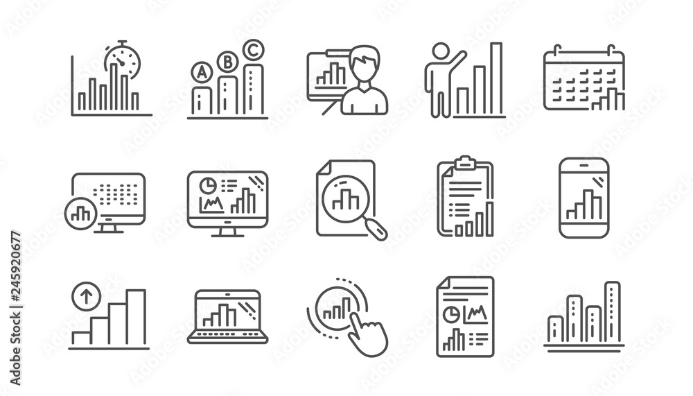 Poster graph line icons. charts and graphs, presentation and report. analytics linear icon set. vector