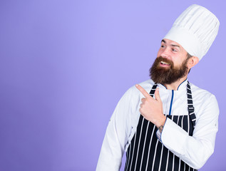 He is a champion in the kitchen. Perfect chef with neat look. Professional chef in cook uniform. Happy bearded man in apron. copy space. restaurant cuisine. Culinary expert. best chef ever