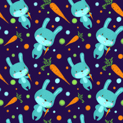 Seamless pattern with rabbits on navy background