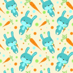 Seamless pattern with rabbits on light yellow background