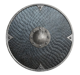 Round rustic metal shield covered by scales isolated 3d illustration