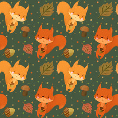 Seamless pattern with squirrels  on green background