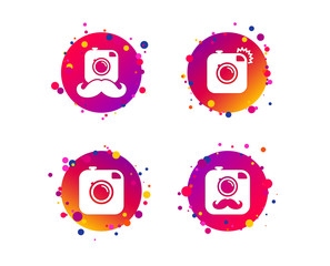 Hipster photo camera with mustache icons. Retro camera symbols. Gradient circle buttons with icons. Random dots design. Vector