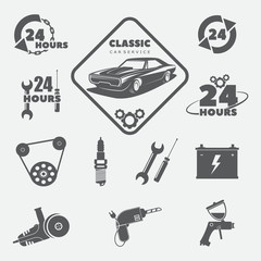 Fototapeta premium workshop logo, classic car with details, raster copy