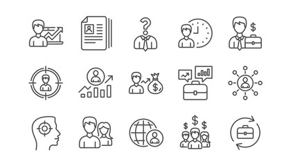 Human resources icons. Head Hunting, Job center and User. Interview linear icon set.  Vector