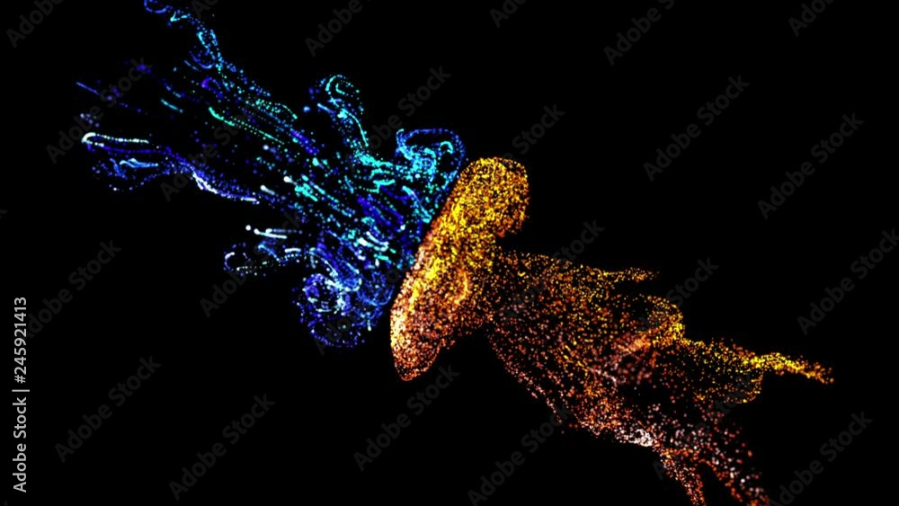 Poster collision of two streams of particles in 4k. ink effect advection. glitter in stream of invisible in