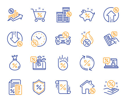 Loan line icons. Set of Investment, Interest rate and Percentage diagram linear icons. Car leasing, analytics plan, Credit card percent and loan rate. Bank mortgage, leasing, interest graph. Vector