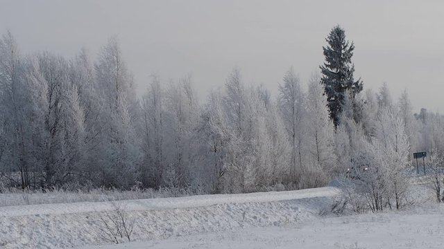 Tver region. Sonkovsky district. Russia. 
 28 January 2019. Clearing snow from the road. Tractor grader clears snow from the road. 