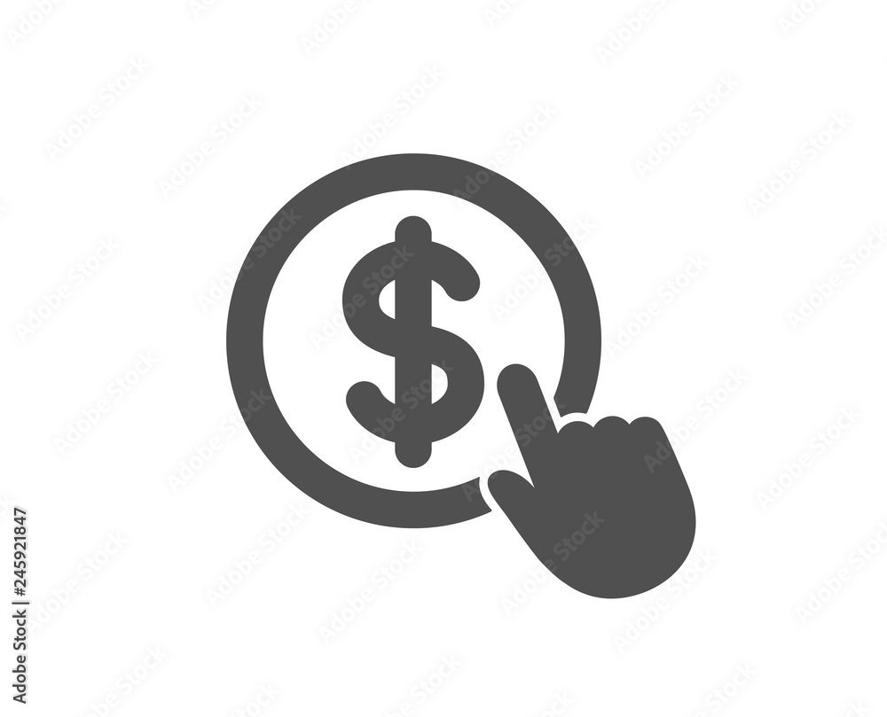Poster hand click icon. currency exchange sign. cursor pointer symbol. to pay or get money. quality design 