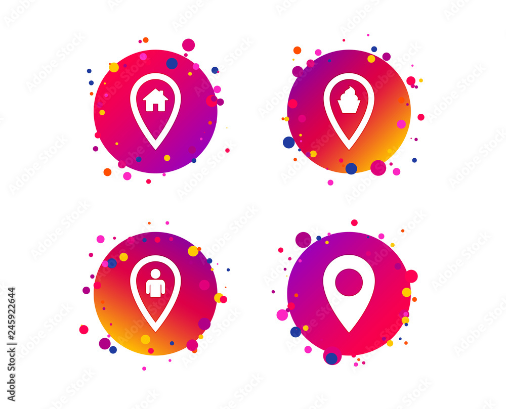 Poster map pointer icons. home, food and user location symbols. restaurant and cupcake signs. you are here.