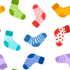Seamless pattern. Colored wool knitted socks collection. Socks with different pattern and texture. Colorful set. Flat vector illustration on white background