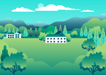 Rural valley view Farm countryside. Village landscape with ranch in flat style design. Landscape with detached house farm one family house, barn, building, tree, background cartoon vector illustration