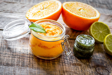 organic citrus scrub homemade on wooden background
