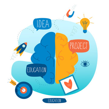 Brainstorming, creative thinking and analysis, education and learning, research and projects, training courses, business idea flat vector illustration design for mobile and web graphics