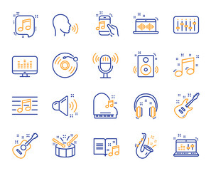Music line icons. Set of Acoustic guitar, Musical note, Vinyl record icons. Jazz saxophone, Drums with drumsticks, DJ controller. Sound check, Mic, Music making, Electric guitar. Musical note. Vector