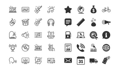 Fototapeta premium Music line icons. Set of Acoustic guitar, Musical note and Vinyl record linear icons. Jazz saxophone, Drums with drumsticks and DJ controller symbols. Vector