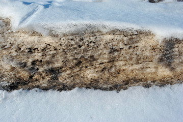 Melting snow, wet textured spot, early spring, natural background, close up detail