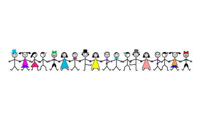 Drawing smiling happy people holding hands. Human friendship concept. Male and Female group vector