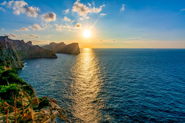 Sunset at sea from Formentor cape, Mallorca, Spain