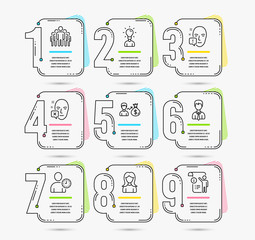 Infographic template with numbers 9 options. Set of Education, Face attention and Group icons. Face declined, Businessman and Time management signs. Sallary, Woman and Manual doc symbols. Vector