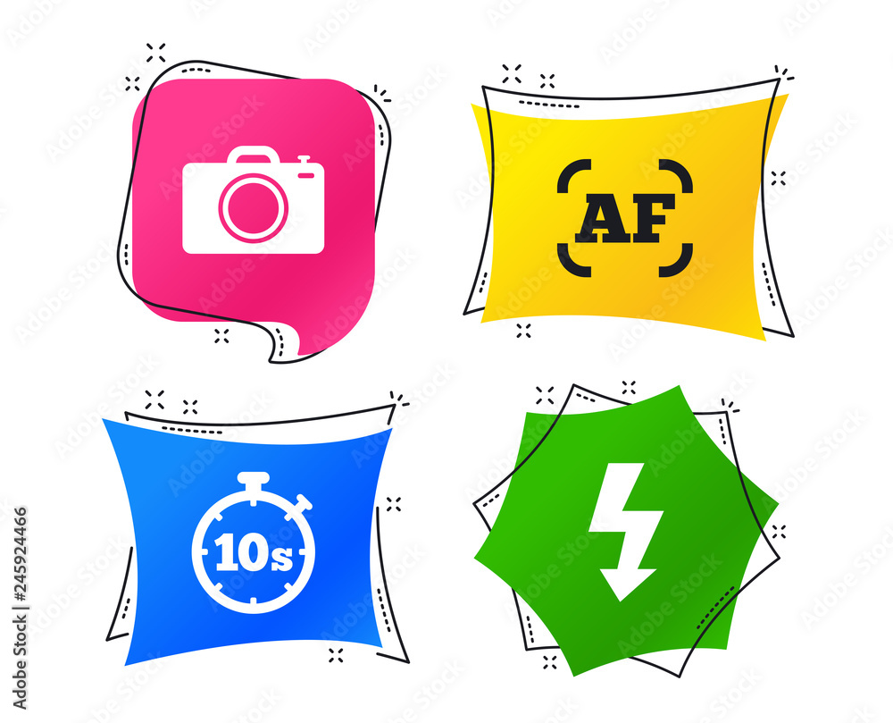 Poster photo camera icon. flash light and autofocus af symbols. stopwatch timer 10 seconds sign. geometric 