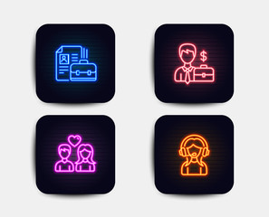 Neon glow lights. Set of Businessman case, Vacancy and Couple love icons. Support sign. Human resources, Hiring job, People in love. Call center.  Neon icons. Glowing light banners. Vector