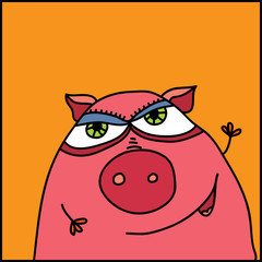 Vector simple hand drawn cartoon of happy pig