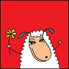 Vector hand drawn cartoon of sheep with flower