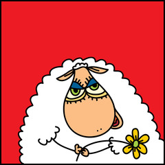 Vector flat hand drawn doodle of sheep with flower