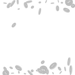 American dollar coins falling. Scattered black and