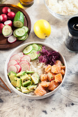 Poke bowl, traditional Hawaiian raw fish salad