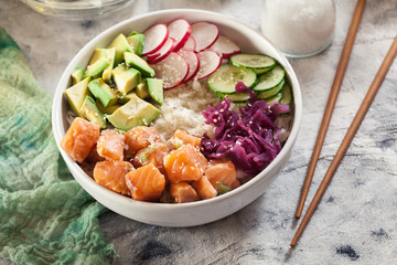 Poke bowl, traditional Hawaiian raw fish salad