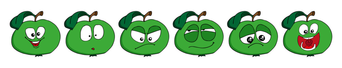 Apple set of funny smiles. Collect fruits and food. Vector cartoon illustration. Cute stylish characters