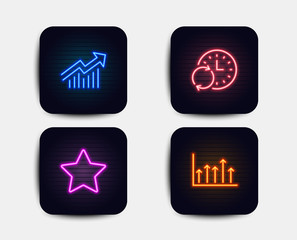 Neon glow lights. Set of Star, Update time and Demand curve icons. Growth chart sign. Best rank, Refresh clock, Statistical report. Upper arrows.  Neon icons. Glowing light banners. Vector