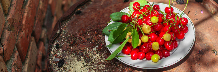 cherries, fruit berries, harvest (ripe and juicy fruits). top. copy space. food background