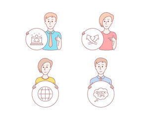 People hand drawn style. Set of Intersection arrows, Best manager and Globe icons. Quick tips sign. Exchange, Best developer, Internet world. Helpful tricks.  Character hold circle button. Vector