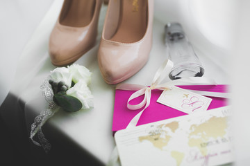 Beautiful stylish wedding shoes for bride. Close-up