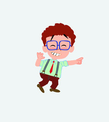 Businessman in casual style pointing to something funny on his left.