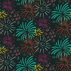 Seamless pattern with hand drawn fireworks. Colorful holiday vector endless background