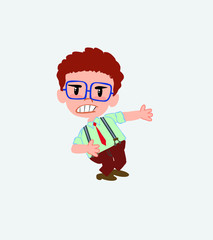 Businessman in casual style shows very angry something to his left.