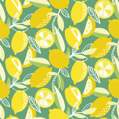 Vector seamless pattern with yellow lemons, branches, absdtact textures