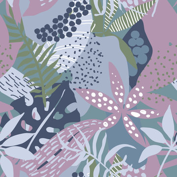 Vector seamless pattern with tropical plants and hand drawn abstract textures © Andrei