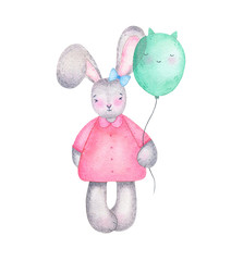 Watercolor happy easter cute girl bunny rabbit with air balloons