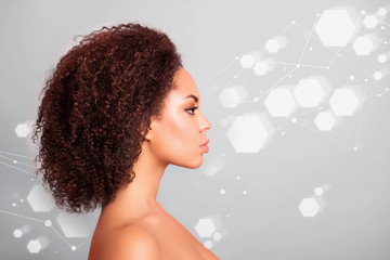 Close-up profile side view portrait of perfect shine glamorous lady after medical procedure...