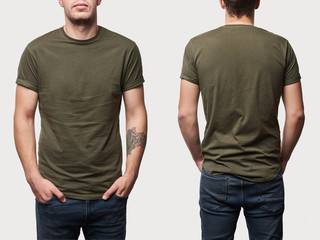 cropped view of tattooed man in basic khaki t-shirt with copy space isolated on white - Powered by Adobe