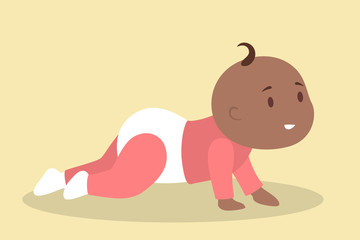 Little baby girl crawling. Toddler in diaper