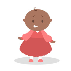Cute little baby girl standing. Toddler in red dress