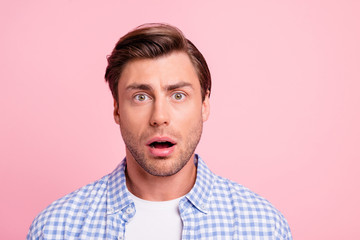 Close up photo of attractive amazed really oh no he him his man do not want such bad finish ending...